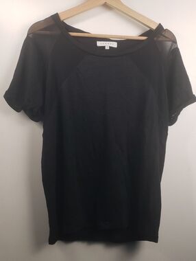 Sandro Black Short-Sleeve Sheer-Panel Top Linen Silk Size 3